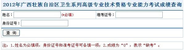 2012年廣西壯族自治區衛生系列高級專業技術資格專業能力考試成績查詢